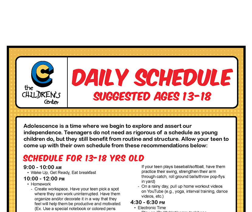 Daily Schedule Ages 13 18 The Children S Center