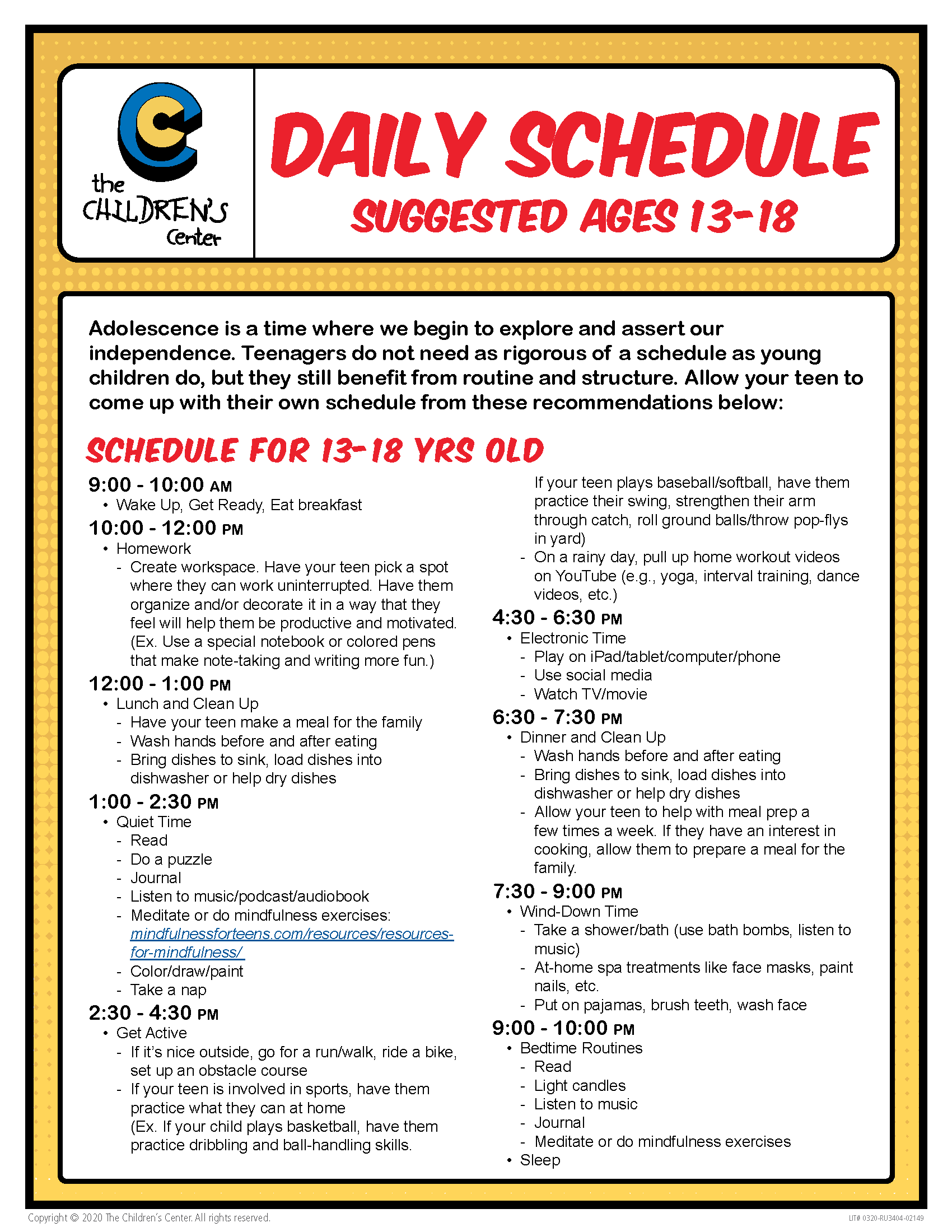 Daily Schedule Ages 13 18 The Children S Center